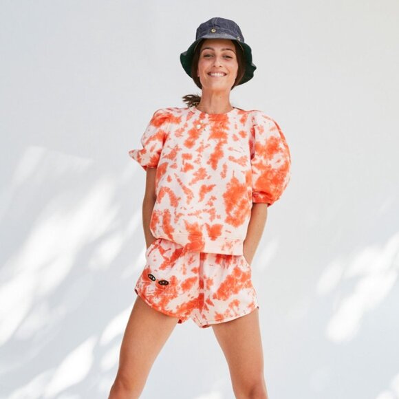 Clare V. Puff Sleeve Sweatshirt Top Womens Small Orange White Tie Dye Crew Neck - Picture 3 of 13